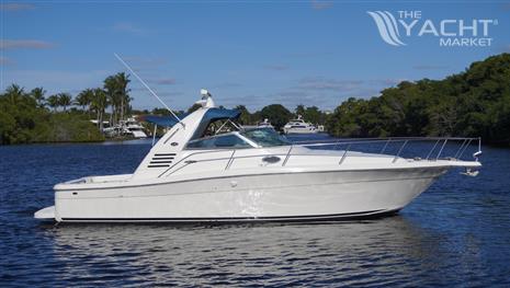 Sea Ray 340 Amberjack - 2002 Sea Ray 340 Amberjack boat on a calm river with lush greenery.