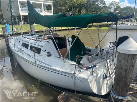 Islander Yachts 30 - 1983 Islander Yachts 30 sailboat docked by a wooden pier, featuring green canopy.