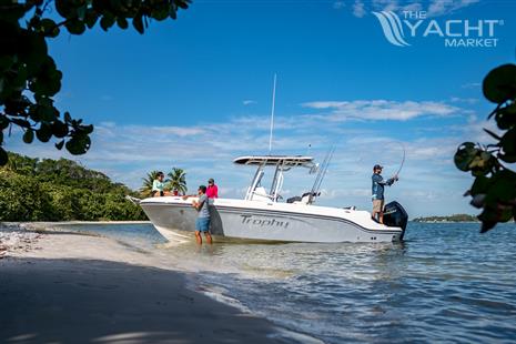 Bayliner Trophy 24 CC - 2024 Bayliner Trophy 24 CC boat near a sandy shore with people fishing.