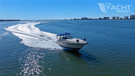 Sea Ray 340 Sundancer - Sea Ray 340 Sundancer 2002 cruising on open water with city skyline in background.