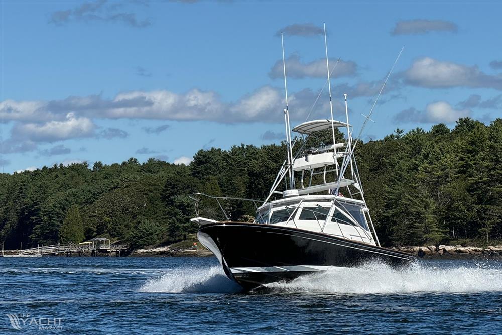Black Watch 33 - 1993 Black Watch 33 boat cruising on a scenic lake with forested shoreline.
