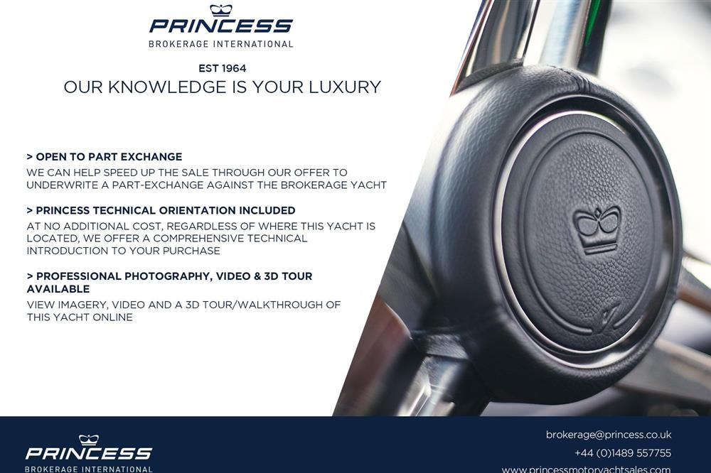 Princess V58 - Princess V58 2008 yacht advertisement highlighting part exchange, technical orientation, and 3D tour options.