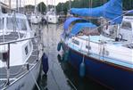 Rustler 31 - Sailboats docked in a marina, featuring a 1969 Rustler 31 with blue covers.