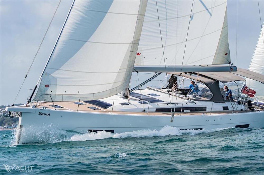 Dufour 530 - 2023 Dufour 530 sailing yacht on open water, showcasing sleek design and performance.