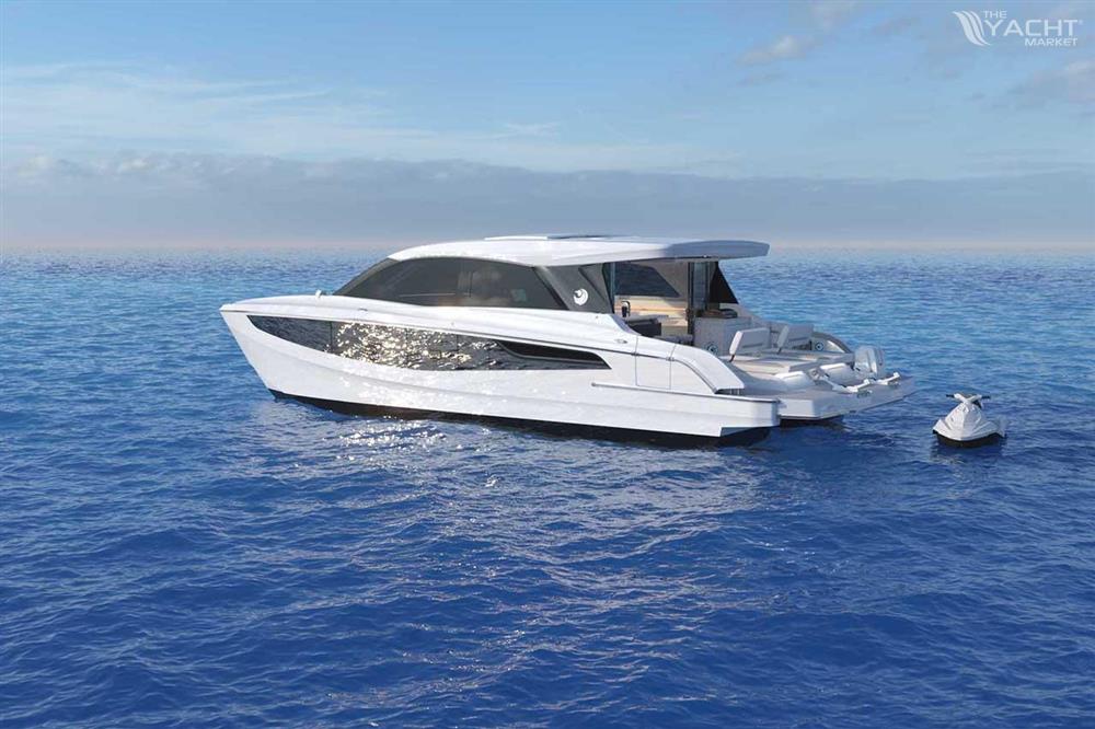 Aquila 46 COUPE - 2026 Aquila 46 Coupe yacht on open sea, sleek design, luxury watercraft.
